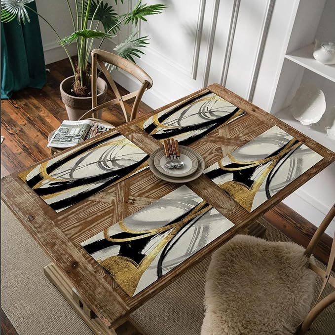 Abstract Black White and Gold Placemats Set of 4, Modern Contemporary Placemats Table Mats Place Mats for Kitchen Dining Table Winter Holiday Party Decoration 16.9x11.4 Inch
