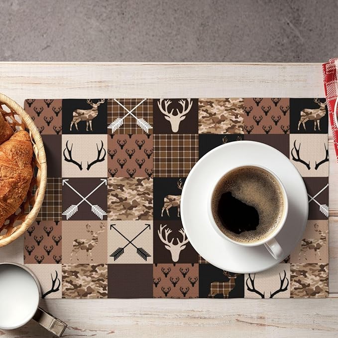 Vintage Camouflage Bear Moose Place Mats Set of 4 Pine Tree Wild Animal Kitchen Dining Table Mat for Indoor Outdoor Decorations 12 X 18 Inch 4 PCS, Style-21