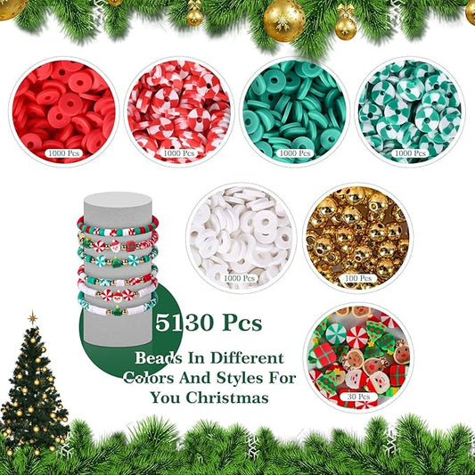 Clay Beads Christmas Bracelet Making Kit – 5000PCS Premium Red Green White Heishi Beads Set with 30 Xmas Charms, Gold Spacers and Elastic Cord for DIY Holiday Jewelry Crafts & Festive Gifts