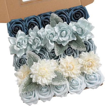 Blue Artificial Flowers Combo Box Set Gradient Color Flower Leaf with Stems for DIY Wedding Bouquets Centerpieces Baby Shower Party Home Decorations