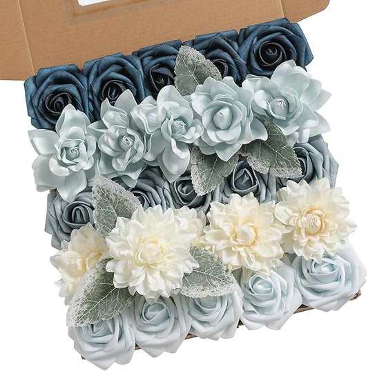 Blue Artificial Flowers Combo Box Set Gradient Color Flower Leaf with Stems for DIY Wedding Bouquets Centerpieces Baby Shower Party Home Decorations