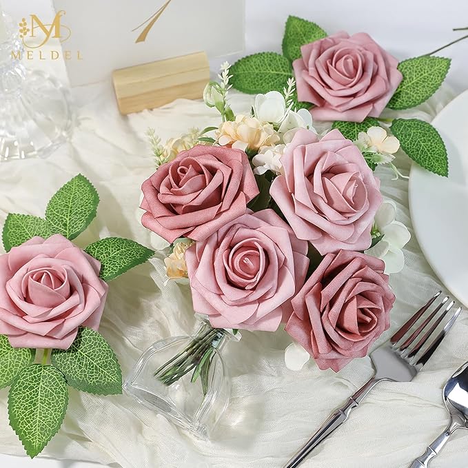 Meldel Artificial Flower 25pcs Real Touch Blush Pink Rose Fake Foam Roses with Stems for DIY Wedding Bouquets Gifts Bridal Shower Faux Floral Centerpieces Arrangements Home Party Tables Decorations