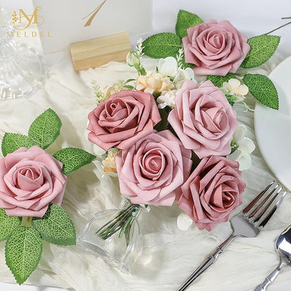 Meldel Artificial Flower 25pcs Real Touch Blush Pink Rose Fake Foam Roses with Stems for DIY Wedding Bouquets Gifts Bridal Shower Faux Floral Centerpieces Arrangements Home Party Tables Decorations