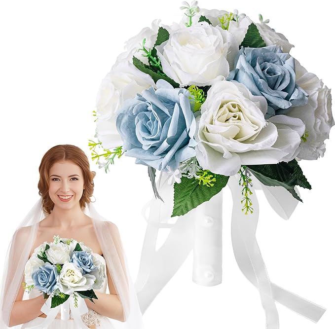Wedding Bouquets for Bride - Realistic Silk Flowers Artificial Roses, 8 Inch Bridesmaid Bouquet for Ceremony, Church, Anniversary, and Home Decoration (White & Blue)