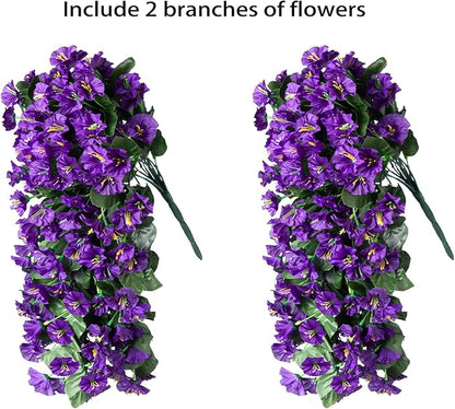 Artificial Faux Hanging Flowers Plants for Outdoor Outside Summer Decoration, 2 PCS Fake Silk Purple Morning Glory Trailing Vines UV Resistant Realistic for Porch Patio Balcony Planter