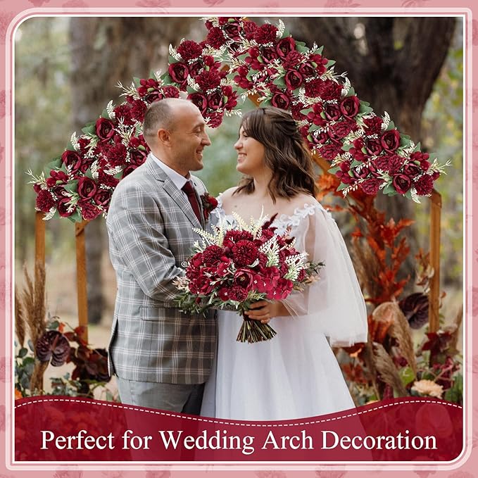 Lyrow 8 Pcs Peony Artificial Flowers Fake Silk Hydrangea Bouquet Elegant Peony Flowers for Wedding Decoration Faux Realistic Floral for Home Party Table Centerpieces Arrangement (Claret)