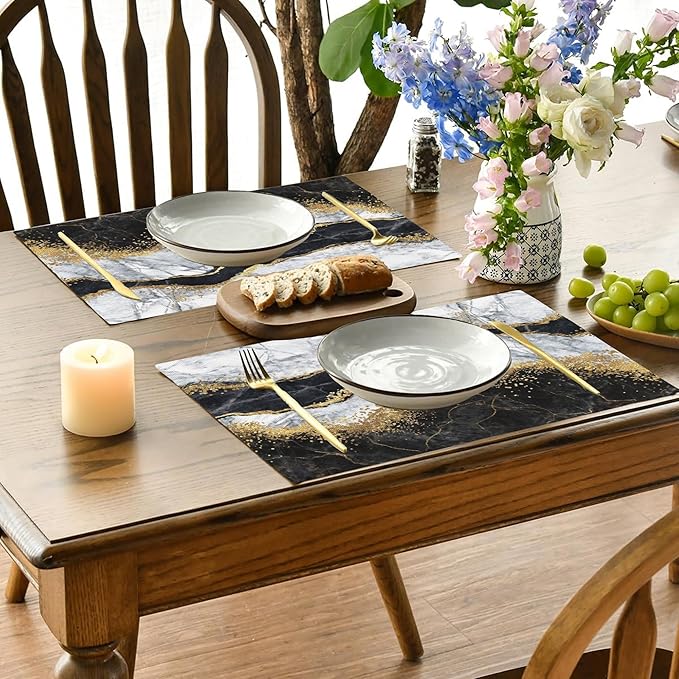 Abstract Marble Placemats Set of 4, Placemats for Dining Table,Heat Resistant Stain Resistant Wipeable Table Mats for Kitchen Dining Holiday Party Home Decor,12x18 Inch