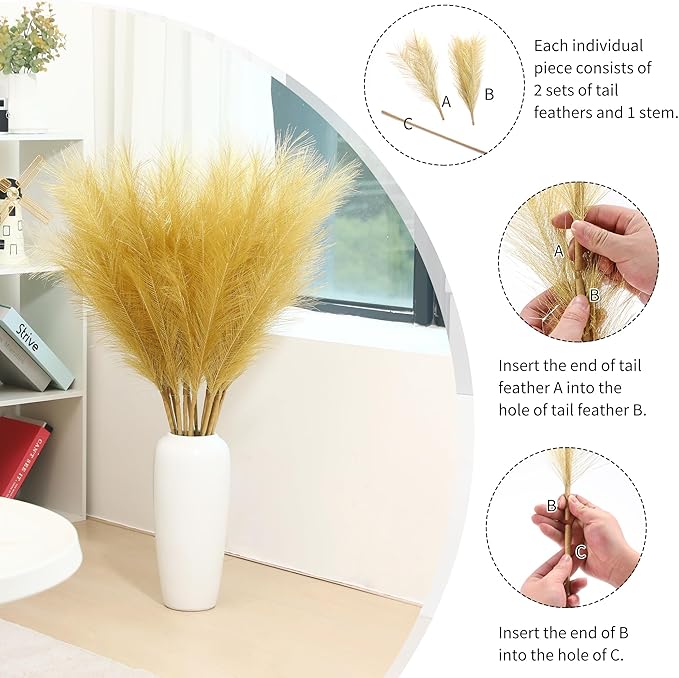9 Stems Gold Pampas Grass - 38 Inch Tall Faux Pompous Grass Decor, Large Artificial Pompas Floral for Wedding Flower Arrangement,Great Gatsby Party Decorationsa and Home Decor (Gold)