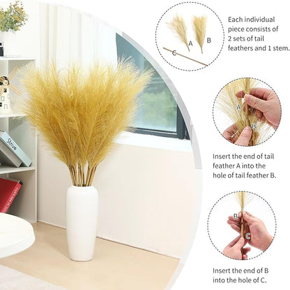 9 Stems Gold Pampas Grass - 38 Inch Tall Faux Pompous Grass Decor, Large Artificial Pompas Floral for Wedding Flower Arrangement,Great Gatsby Party Decorationsa and Home Decor (Gold)