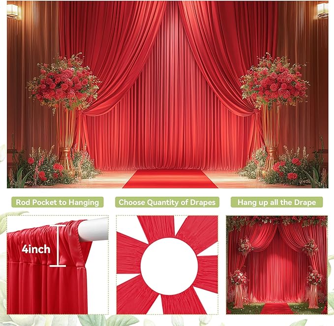 PartyVillage 50ft×15ft ChrismasRed Backdrop Curtain for Wedding Parties, 10 Panels Wrinkle Free 15 FT Long Polyester Photo Backdrop Drapes Back Drop Cloth for Birthday Photography Background