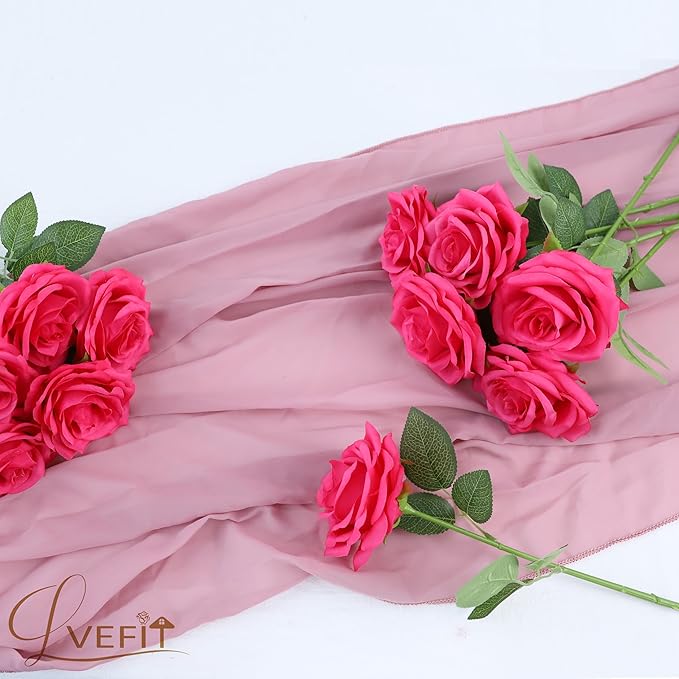 12pcs Artificial Rose Flower Hot Pink Rose Flower with Long Stem Silk Roses Bouquet for Wedding Bridal Shower Party Home Decoration