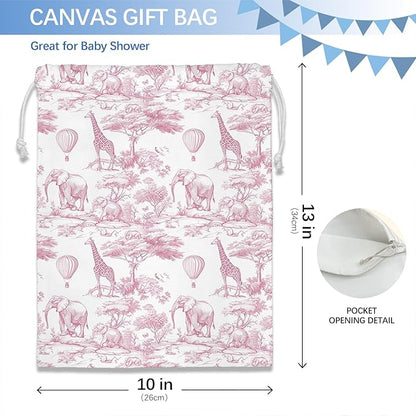 DSHFG Light Pink Drawstring Birthday Gift Bags, Safari Toile Chinoiserie Animals Baby Shower Drawstring Gift Bags Canvas, Pink and White Small Happy Birthday Bag, Gifts for Women, 10x13 Inch