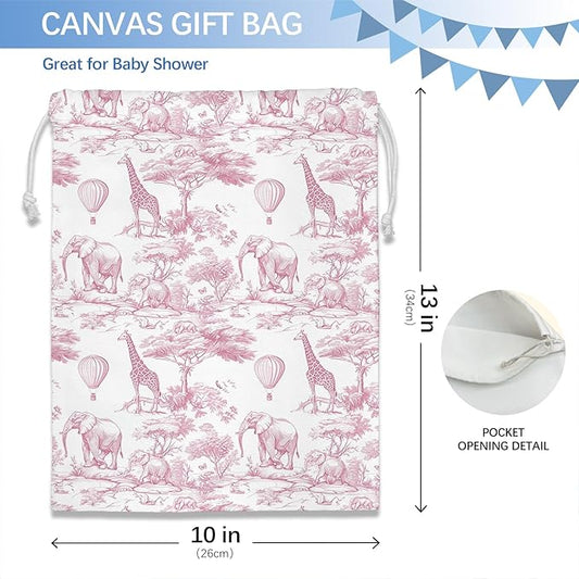 DSHFG Light Pink Drawstring Birthday Gift Bags, Safari Toile Chinoiserie Animals Baby Shower Drawstring Gift Bags Canvas, Pink and White Small Happy Birthday Bag, Gifts for Women, 10x13 Inch