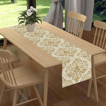 Golden Damask Table Runner, Luxury Antique White Gold Bohemian Exotic Flower Cafe Table Center Decor for Home Kitchen Dining Patio Holiday Party Indoor Outdoor Table Decorations 13x36 inch
