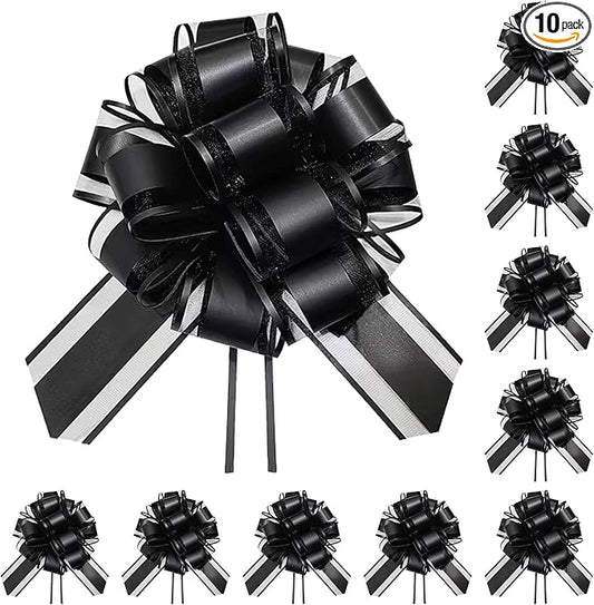 10-Pack Jet Black Pull Bows for Gift Wrapping - 6 Inch Reusable Ribbon Bows, Large Instant Floral Decor Bows for Wedding, Christmas, Birthday Decor, Gift Basket & Party Decorations