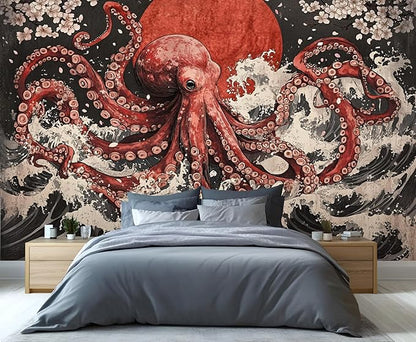 Japanese Wave Octopus Wall Mural, Japanese Traditional 3D Wall Murals, Ocean and Octopus Wallpaper Mural, for Living Room Bedroom Large Wallpaper Indoor Decor 137.8" W x100 H