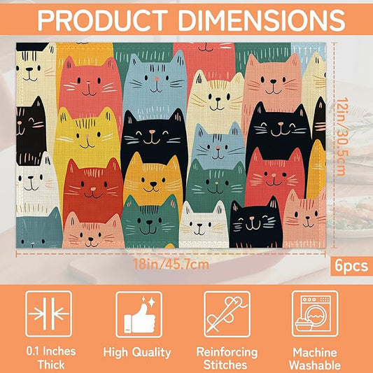 Cute Cat Placemat Set of 6,Heat Resistant Linen Table Mats for Indoor Outdoor Home Kitchen Dining Room Table 12x18Inch