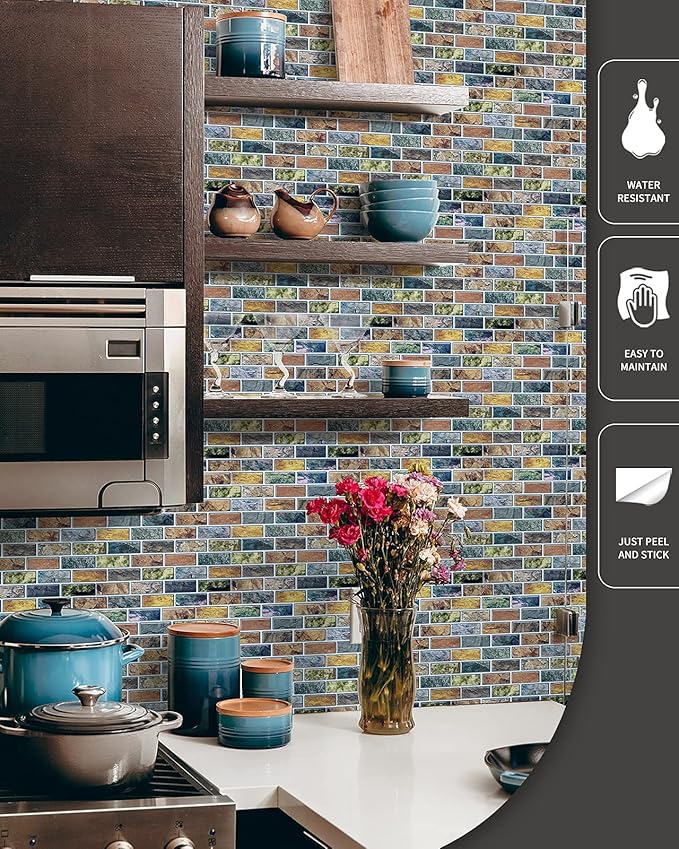 Art3d 10-Piece Peel & Stick Kitchen/Bathroom Backsplash Tiles, 12" X 12" Colorful Marble Tile Design