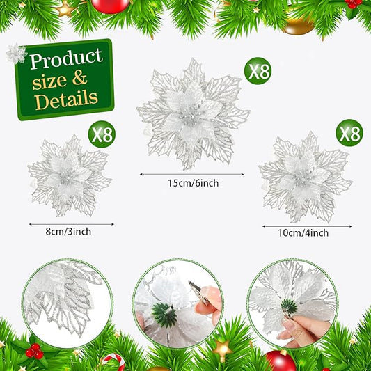 Geosar 24 Pieces Christmas Glitter Poinsettia Flowers Layered Artificial Xmas Flowers Wedding Christmas Tree New Year Ornaments 3/4/6 Inch(Silver)