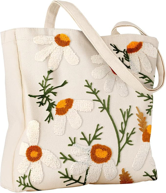 Aesthetic Embroidery Tote Bag for Women - Reusable Canvas Cute Shoulder Bag for Shopping, Grocery, Work, Book
