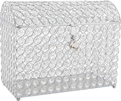 Crystal Wedding Card Box With Heart Lock Silver Treasure Chest Money Card Box Gift Decorative Memory Box for Wedding Birthday Graduation Party Decoration