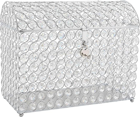 Crystal Wedding Card Box With Heart Lock Silver Treasure Chest Money Card Box Gift Decorative Memory Box for Wedding Birthday Graduation Party Decoration