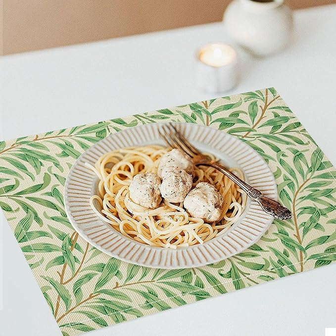 William Morris Vintage Botanical Placemats Set of 6, Retro Leaves Boho Plant Place Mats, Heat Resistant Non Slip Cotton Linen Dining Table Mats for Home Kitchen Party 18x12 Inch