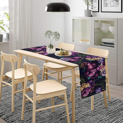 Gothic Flower Table Runner, Watercolor Vintage Dark Purple Floral Romantic Flower Blooming Table Runner for Home Kitchen Dining Table Decor, 13x108inch