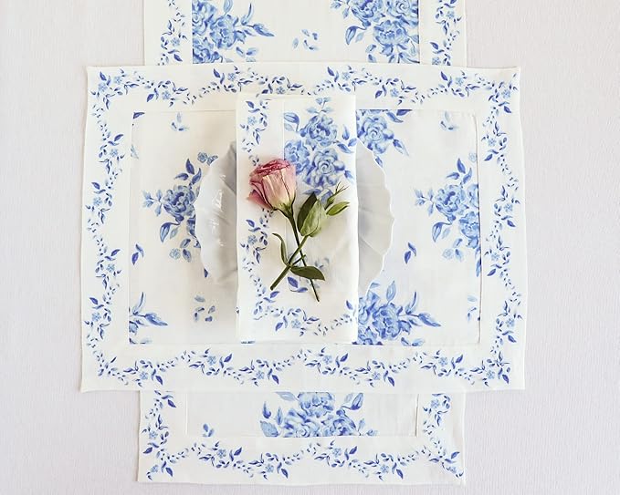 Solino Home Blue Floral Print Table Runner 108 Inches Long - 100% Pure Linen Table Runner 14 x 108 Inch - Handcrafted and Machine Washable - Jolie Fleur Print