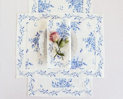 Solino Home Blue Floral Print Table Runner 108 Inches Long - 100% Pure Linen Table Runner 14 x 108 Inch - Handcrafted and Machine Washable - Jolie Fleur Print