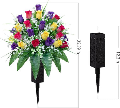 Artificial Cemetery Flowers, Gravesite Decoration Roses, Memorial Bouquets with Cemetery Vase, Vibrant and Long-Lasting Colors (Yellow+Purple+Brilliant Red, 2 Bundles)