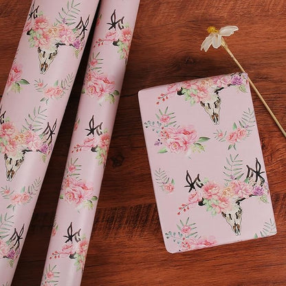 Aimyoo Pink Skull Floral Kraft Wrapping Paper Jumbo Roll, Gothic Gift Wrap Paper for Birthday Bridal Shower 17 in x 60 ft