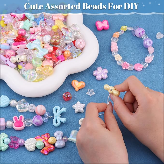 Assorted Acrylic Beads, 200-260PCS Mixed Colors Cute Beads for Bracelet Making, GummyBear Bow Flower Kawaii Charms for Jewelry Making DIY Necklace Keychain Phone Charm Christmas Gift