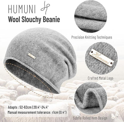 100% Wool Slouchy Beanie, Warm Beanie Hats for Women Breathable Knitting Skull Beanies Cap for Spring Fall Winter