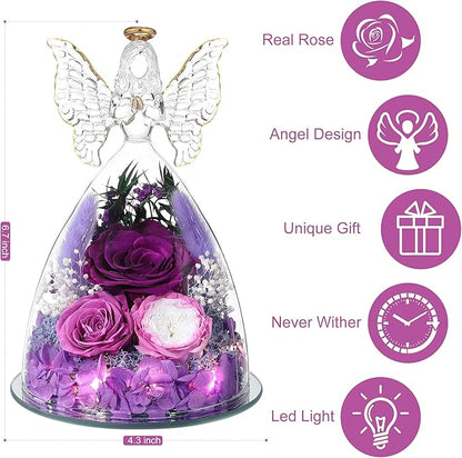 Christmas Rose Gifts for Women Preserved Real Flower in Glass Angel Figurines Roses for Delivery Prime Birthday Gifts for Mom Grandma Girlfriend Wife Her, Purple Austin Roses
