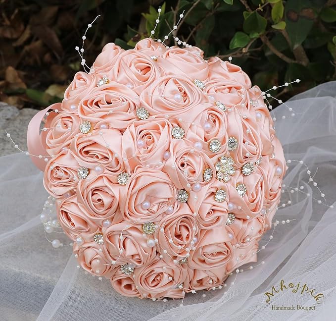 Bridal Wedding Bouquet Round Bling Brooch Bouquet Throw Toss Artificial Rose Flower Bunch for Bride Bridesmaid Wedding Quinceanera(Peach Pink, 8.7")