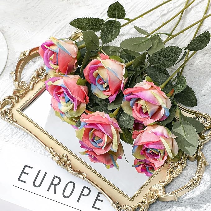 Hotop 40 Pcs Rose Artificial Flowers Bulk with Long Stem,Realistic Silk Fake Roses Bouquet for Home Wedding Centerpieces Party Table Decoration Valentines Gifts(Rainbow Color)