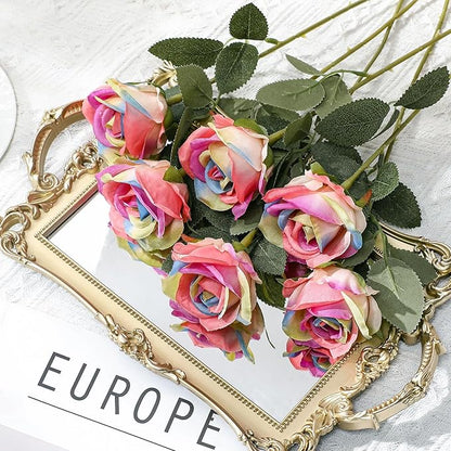 Hotop 40 Pcs Rose Artificial Flowers Bulk with Long Stem,Realistic Silk Fake Roses Bouquet for Home Wedding Centerpieces Party Table Decoration Valentines Gifts(Rainbow Color)