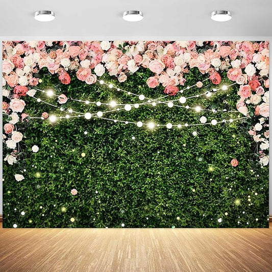9x6ft Flower Wall Backdrop Pink Rose Floral Blossom Green Leaves Photography Background Women Girls Birthday Party Wedding Banner Decorations Portraits Supplies Photo Booth Props