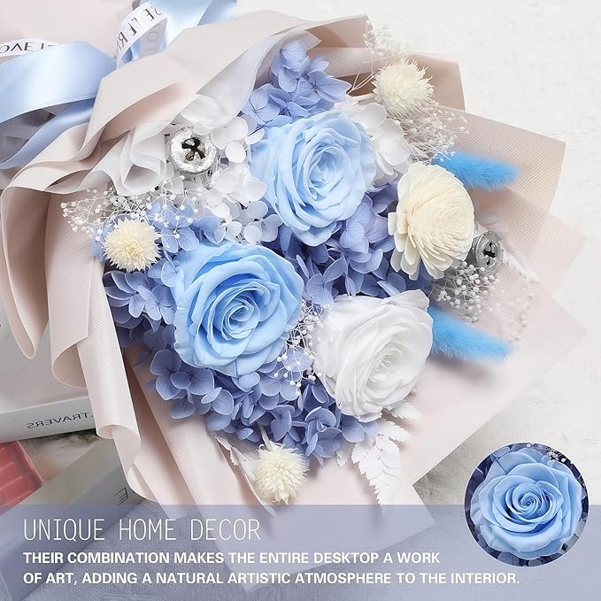 Preserved Flowers for Delivery, Blue Flower Bouquets with Necklace, Forever Real Roses Anniversary Birthday Gifts for Women Mom Wife Girlfriend, Fresh Flowers for Valentines Day Christmas