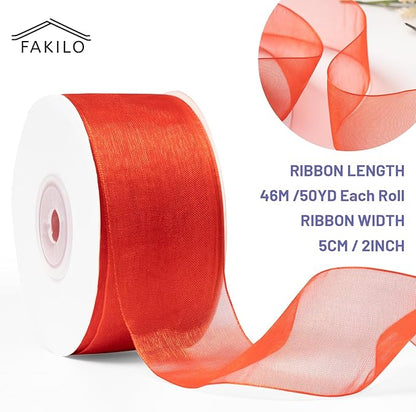 Red Organza Ribbon for Gift Wrapping, FAKILO 2 Inch Shimmer Sheer Wrapping Ribbon for Bouquet, Wedding,Festival - 50 Yards Each Roll