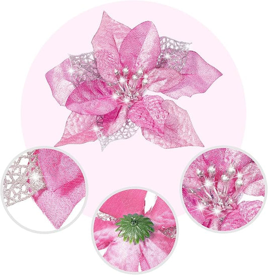 WILLBOND 36 Pieces Christmas Poinsettia Glitter Faux Flowers Christmas Artificial Flowers Tree Ornaments Topper Xmas Decorations(Pink)