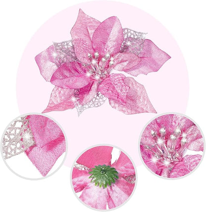 Boao 24 Pieces Christmas Artificial Glitter Poinsettia Flowers Xmas Flowers Wedding Christmas Tree New Year Ornaments (Pink)