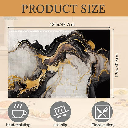White Black Placemats Set of 6,Washable Heat Resistant 12×18 Inch Linen Table Mats Golden Marble Place Mats for Party Outdoor Dining Décor
