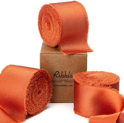 Ribbli Terracotta Silk Satin Ribbon 1.5 Inch x 30 Yard Handmade Frayed Chiffon Burnt Orange Ribbon for Gift Wrapping Wedding Invitations Bridal Bouquets Home Decor