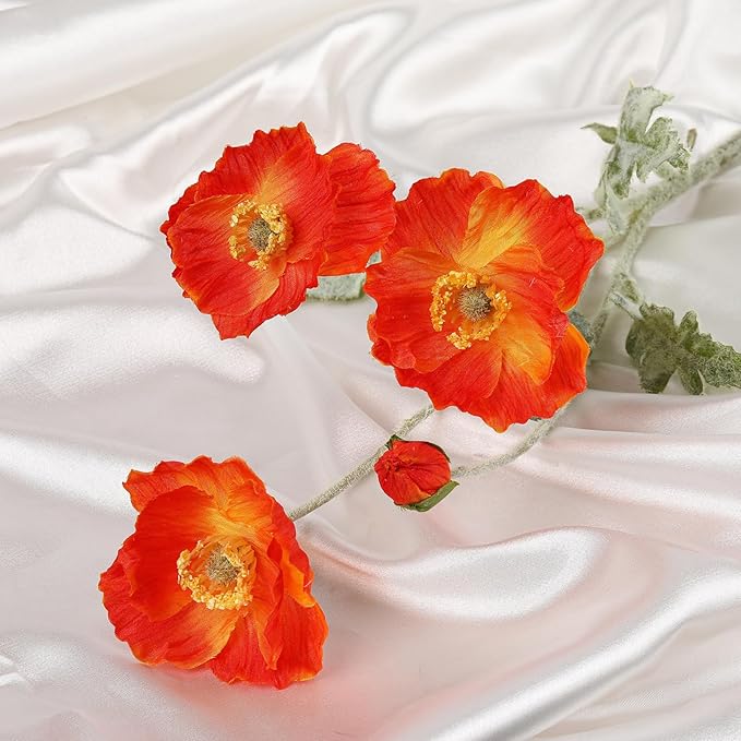 ASTRYAS Poppy Artificial Flowers, 8Pcs Silk Poppies Fake Faux Flowers for Decoration Silk Bouquet,for Wedding, Home, Party Decoration,Table Centerpiece Arrangement(Orange Red, 8pcs)