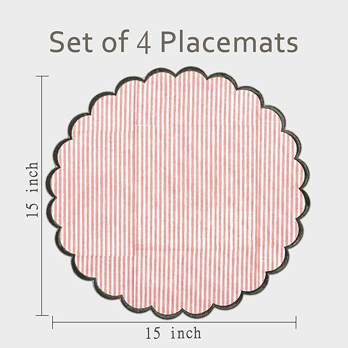 Ridhi Valentine Love Gift Round Pink Stripe Place Mat Double Layer Floral Cotton Washable Placemats 15" Embroidery Block Print Table Mat Pack of 4-15 Inch Heart