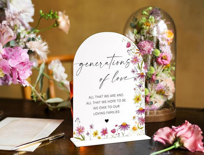 Generations of Love Sign for Wedding Memorial Table, Wild Flower Arch Acrylic Wedding Signs for Reception, Love Is In Bloom Bridal Shower Floral Engagement Party Decorations, 6x8 Inch