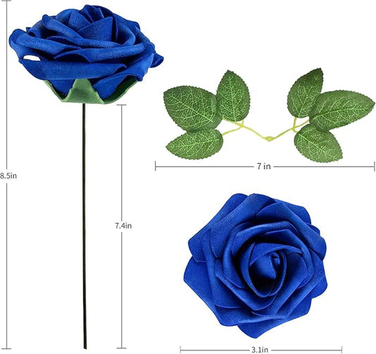 Artificial Flower Foam Rose 25pcs Real Looking Fake Rose with Stems Leaves for Home Decoration Party Garden Centerpieces DIY Wedding Bouquets（Royal Blue）