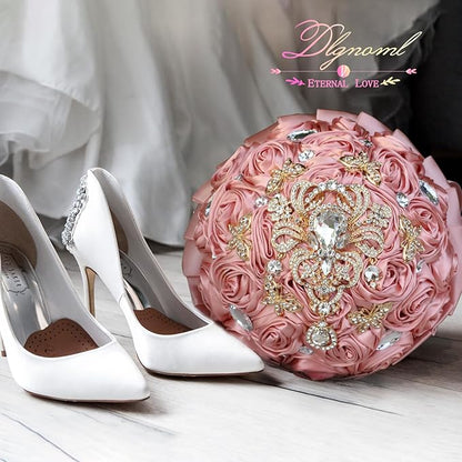 Artificial Everlasting Flower Hand Bouquet for Weddings and Photo Shoots, Crystal Peplum, Pink Rose Satin, Pearl Embellishments, Ribbon to Match, No Watering (Pink)